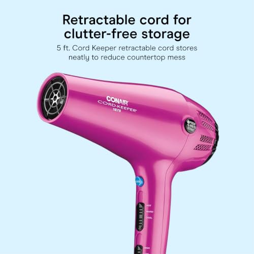 Image of Conair Cord Keeper Hair Dryer | 1875W, Retractable Cord, for Multiple Hair Types, Includes Diffuser and Concentrator, Pink, 209BCX