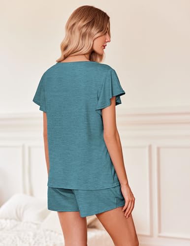 Ekouaer Women's Pajamas Set Ruffle Sleeves Sleepwear V Neck Comfy 2 Piece Pjs Loungewear Set with Pockets Blue Green Small — view 5