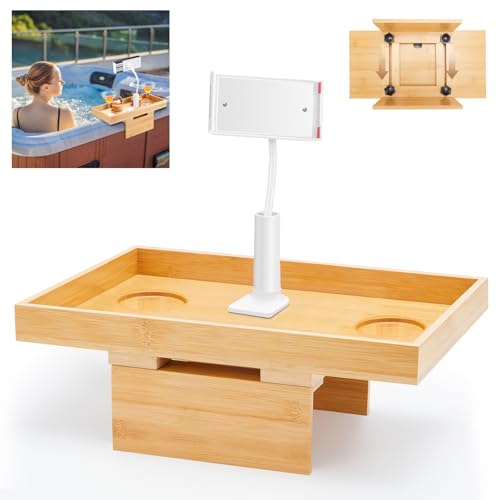 Beeveer Bamboo Bathtub Tray with Phone Holder Adjustable Hot Tub