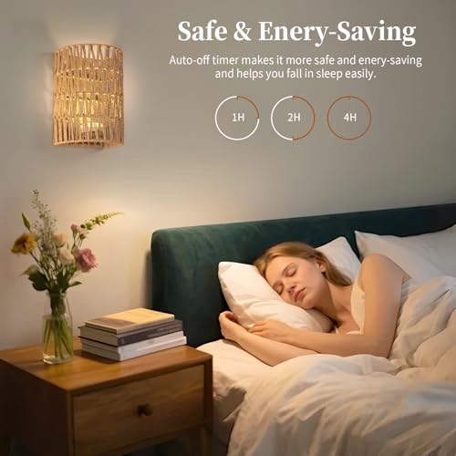 Image of FINCMY Boho Wall Decor Battery Operated Wall Sconce Set of 2, 18 RGB Colors Wall Lights Changeable Dimmable Wireless Wall Sconces for Bedroom Living Room Hallway, Natural Hemp Rope Boho Decor