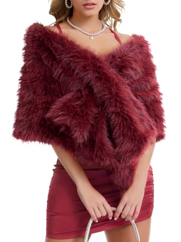 Jsslaik Women's Luxe Long Pile Faux Fur Coat with Shawl Collar(Scarlet)