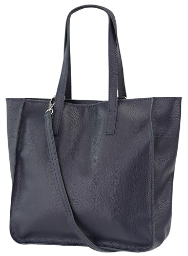Damen Henkeltasche aus Echtleder – Mittelgroßer Shopper mit Schulterriemen – Handtasche Schultertasche mit Reißverschluss und Innenfach 37x13x29 cm Lili G555 (Dunkelblau)