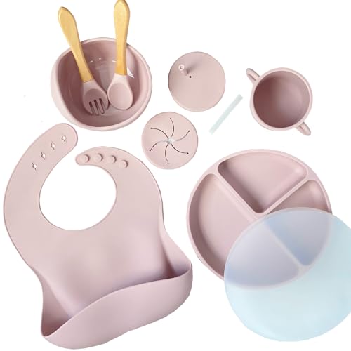Lil' Lotus Silicone Baby Led Weaning Set, Non-Toxic, BPA Free, Latex Free, Includes Divided Plate & Cover, Spoon & Fork, Silicone Straw Cup with Snack Lid, Dishwasher Safe (Dusty Pink)