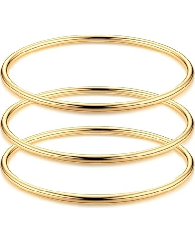 MYGLOAR Paquete de 3 pulseras de oro para mujer   Pulsera apilable chapada en oro de 18 quilates Conjunto de redonda ultrafina de acero inoxidable de 3 mm Joyas de oro impermeables para niñas 68MM
