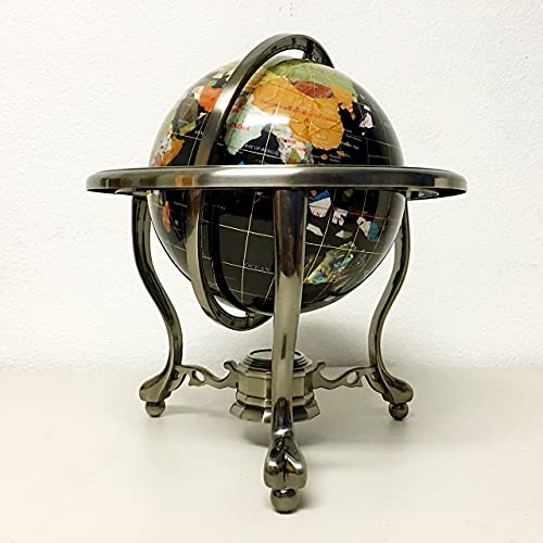 14" Black Onyx Gemstone Globe With Silver Stand #TOP6
