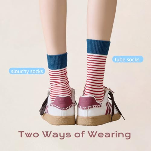 Retro Striped Crew Socks, 4 Pairs Womens Cotton Cozy Casual Socks Slouchy Colorful Quarter for Women Spring Summer Cute, Fashion Size (5-10)2