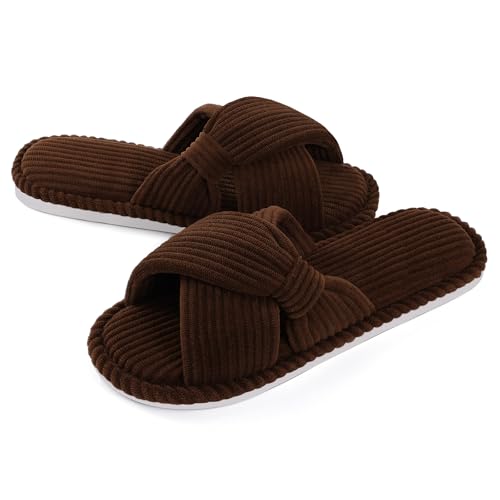 Image of Evshine Summer House Slippers for Women Corduroy Cross Bow Indoor Slippers Open Toe Slip On Bedroom Shoes with Memory Foam