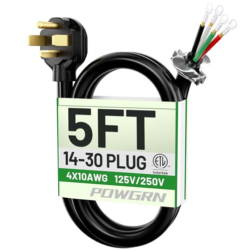 POWGRN 30 Amp 4 Prong Dryer Cord 5 FT Black 10/4 Gauge Appliance Dryer Power Cord NEMA 14-30P to 4-Wire Pure Copper Wire ETL Listed