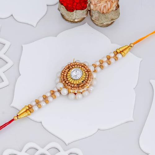 Image of eCraftIndia Set of 5 Rakhi Combo Hamper | Colorful Radha Krishna Peacock Feather Flower Pearl Designer Rakhis | Roli Chawal Pack