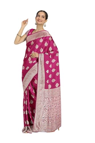 Image of pink banarasi saree with silver motifs