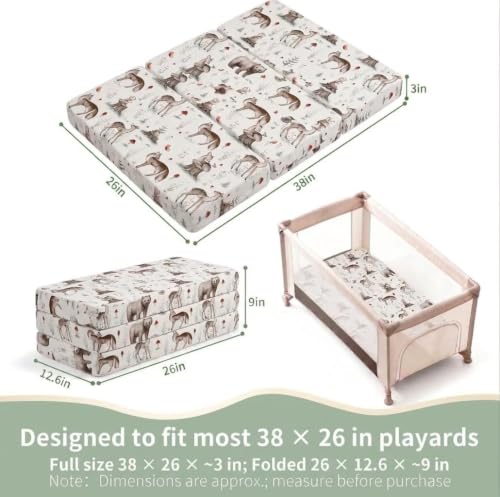 Image of Trifold Pack and Play Mattress 38x26, Dual Sided Foldable Pack N Play Mattress Pad for Baby Toddler, Woodland Playard Playpen Mat, Waterproof Washable Portable Travel Crib Mattress with Carry Bag
