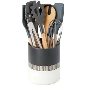 Toski Portautensili in ceramica grande, 13,2 x 16 cm, per piano di lavoro, porta utensili da cucina minimalista, portaposate a righe dorate, per accessori e decorazioni da cucina, nero e bianco