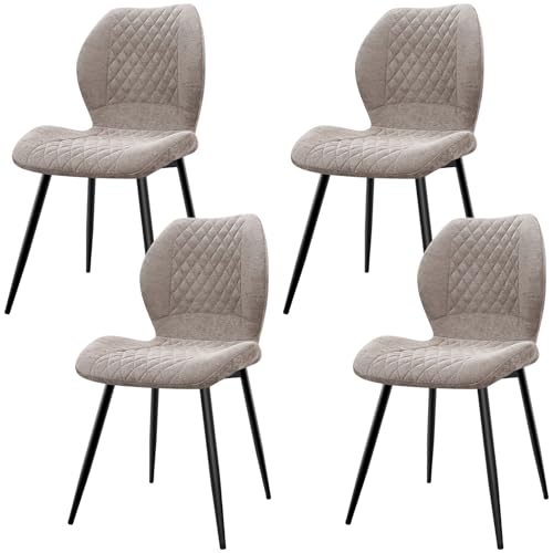 LEWE Juegos de 4 Sillas de Comedor de Lino, Estilo Moderno a Cuadros con Pata de Metal, Tapizadas, Silla de Cocina sin Brazos para Restaurante/Salón/Dormitorio, [Marrón]