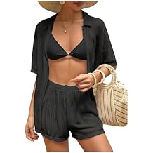Milumia Womens 2 Piece Cover Ups Set Short Sleeve Open Front Hollow Out Swimsuit Coverup with Shorts