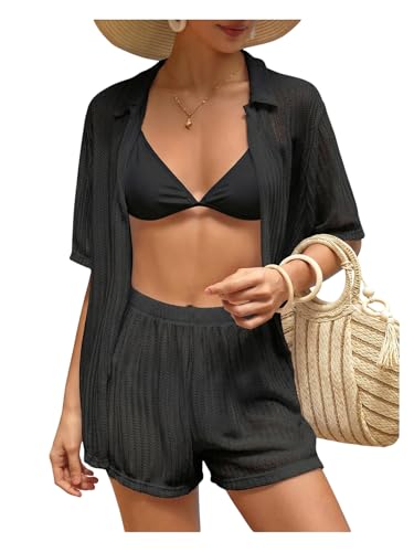 Milumia Womens 2 Piece Cover Ups Set Short Sleeve Open Front Hollow Out Swimsuit Coverup with Shorts Black Small