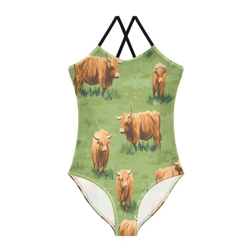 Highland Cattle Meadow Pattern Girls One-Piece Swimsuit Beach Swim Bathing Suit