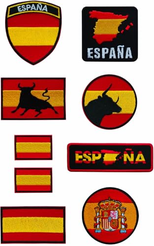 9 Parches tejidos bandera España. Aplicaciones termoadhesivas para decorar chaquetas, pantalones, camisetas, cazadoras