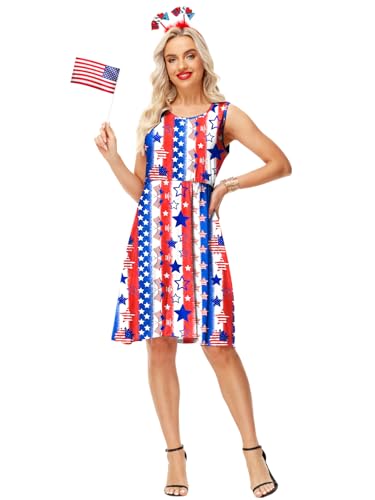 Image of Deerose 4th of July Dress for Women Sleeveless American Flag Patriotic Elastic High Waist Sundress