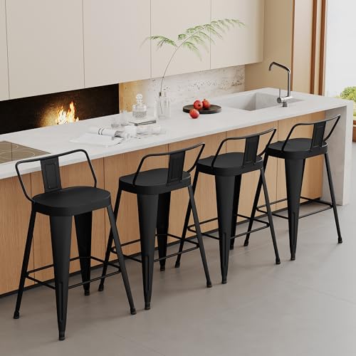 Aklaus Barhocker aus Metall, 4er-Set, Thekenhöhe, Barhocker für Küche, Insel, Bauernhaus, Barhocker mit abnehmbarer Rückenlehne, 76,2 cm, für drinnen und draußen, mattschwarz