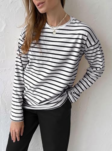 LilyCoco Women's Casual Striped Long Sleeve Shirts Crewneck Basic Loose Fit T Shirt3