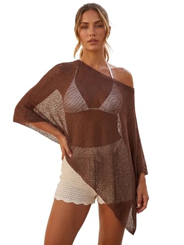 Image of LYSINK Women's Sheer Ponchos Shrug Off Shoulder Solid Color Asymmetrical Knitted Shawls Summer See Through Cover Up (D-light brown, S)