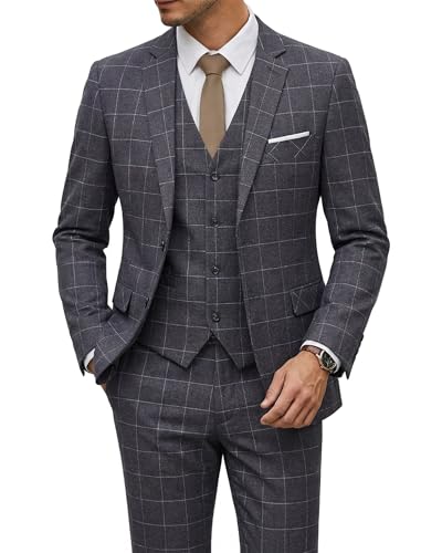 Image of YND Men's 3 Piece Suit with Tie, Solid Color Slim Fit Jacket Vest and Pants