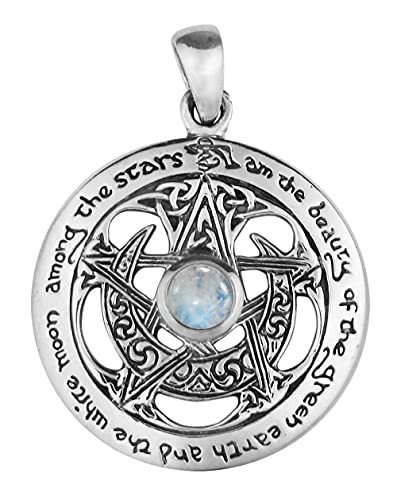 Sterling Silver Cut Out Moon Pentacle Pendant with Natural Rainbow Moonstone; 1 Inch Diameter