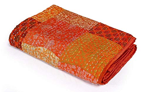 Couvre-lit Indien Patchwork Kantha, Couvre-lit en Soie Fait à la Main, Couvre-lit, Couvre-lit réversible King Size, Couvre-lit Vintage Cousu à la Main, (Couleur Orange)