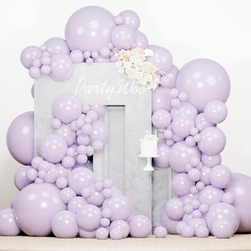 Image of PartyWoo Pearl Lavender Balloons 140pcs Different Sizes Pack of 18 12 10 5 Inch Pearl Light Pastel Purple Lilac Balloon Arch Kit for Bachelorette Fairy Girl Birthday Party Decorations Purple-Z32