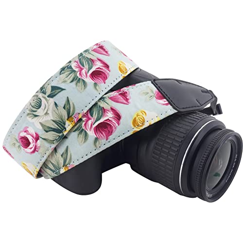 Wolven Pattern Cotton Camera Neck Shoulder Strap Belt Compatible with DSLR/SLR/Men/Women etc, Mint Purple Flower