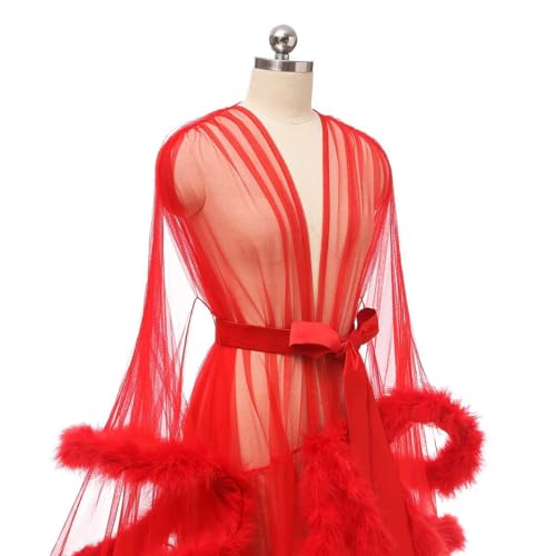 Tulle Feather Robe Sexy Sheer Mesh Fur Bridal Illusion Boudoir Bathrobe Nightgown Christmas Lingerie4