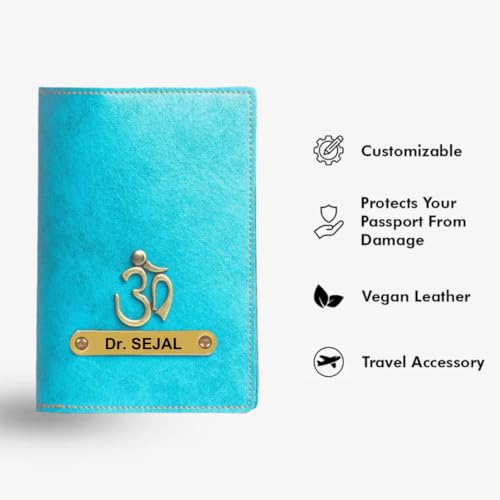 Image of ncgifts Customised Leather Passport Holder: Personalised Name & Charm for Men & Women - Unique Travel Gift, Document Organiser, Boarding Pass Holder, Customised Gifts for Men & Women (Sky Blue)