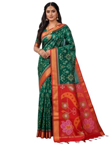 Image of AYYAPPASILK Women's Exclusive Ikkat Silk Saree for Designer Border with Contrast Blouse