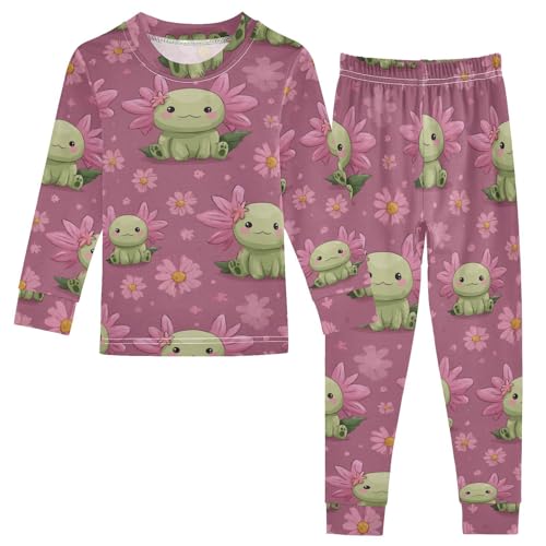 Pajama Sets Long Sleeve Cute Green Axolotl with Flowers Soft Comfy Sleepwear 2 Piece PJS 3-8T