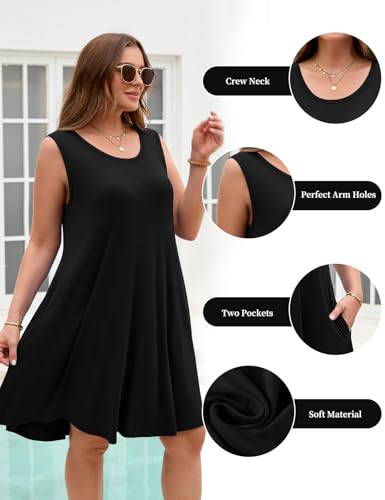 Image of JollieLovin Women Plus Size Curvy Summer Tank Sun Dresses Sleeveless Causal T-Shirt Dress Beach Swing Cover up(L-5X)
