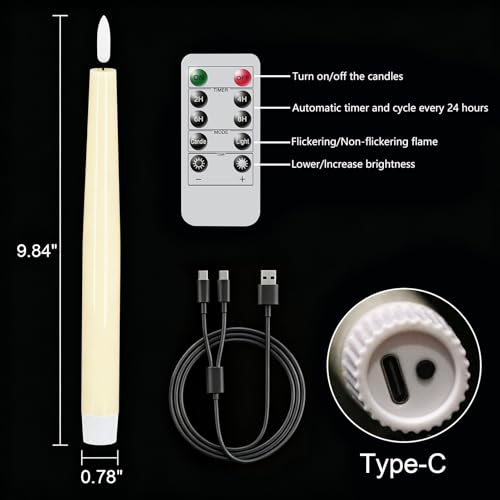 Image of GenSwin Rechargeable Flameless LED Taper Candles Battery Operated Remote | Ivory, Real Wax 3D Flameless Flickering, 0.78 inch x 9.84 inch, 2 /4 /6 /8H Timer, Candlesticks for Wedding & Holiday Decor, 2 Pack