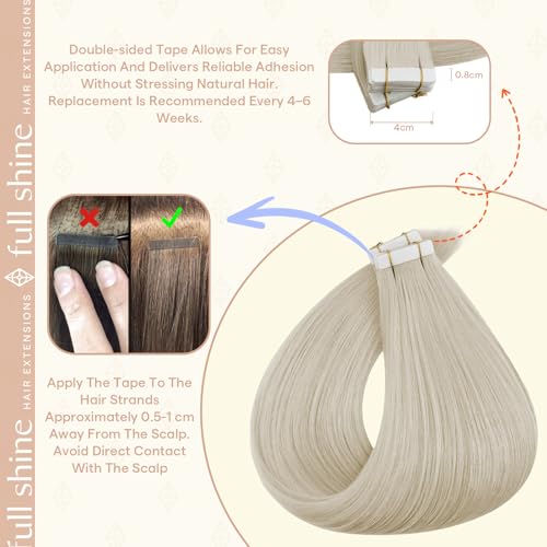 Image of Full Shine Hair Extensions Real Human Hair Tape in, Ice Blonde 24 Inch | 50g 20PCS, Invisible Straight Double Sided Tape in Hair Extensions Natural Comfortable Lived-In Color Add Length