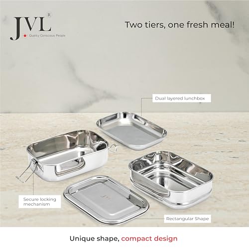 Image of JVL Stainless Steel 2 Tier Lunch Box (Rectangle, Small)