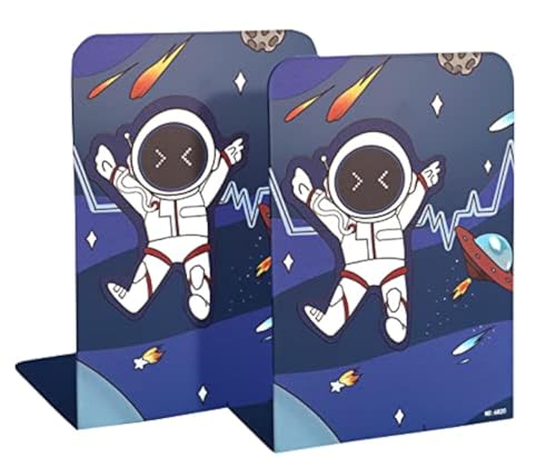 2 Pack Bookends Non-Slip Blue Cartoon Astronauts Book Stopper Heavy Duty Premium Metal Decorative Book End Supports for Kids Children Shelves Room Office