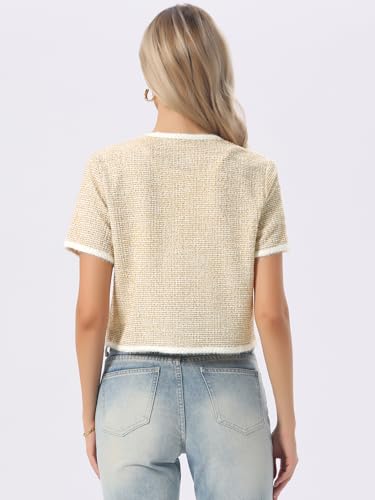 Image of Allegra K Short Sleeve Tweed Jacket for Women Summer Crew Neck Button Front Cropped Cardigan