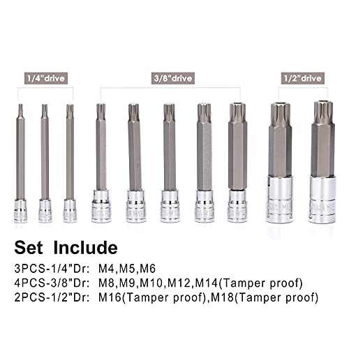 Mixpower 10 Piece Spline Tip Bit Socket Set, M-Type, S2 And Cr-V Steel, Extra Long 4'' Length, M4-M18, Xzn Triple Square Spline Bit Socket Set #TOP2