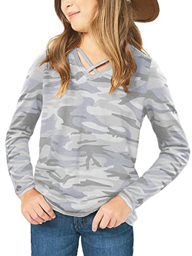 Image of Girls Camouflage Stripe Short Sleeve Shirts V Neck Criss Cross Tees Sweat Kids Casual Sport Tops Blouse(4-15T)