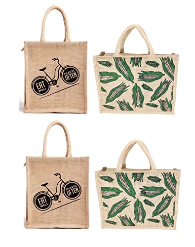 Image of Cycle & Corn Design Jute Bag with Zip Closure | Tote Lunch Bag | Multipurpose Bag (4)