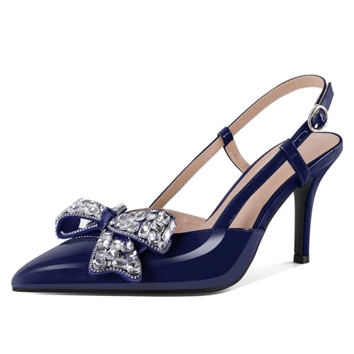 SAMMITOP Slingback Rhinestone Bow Heels for Women Closed Pointed Toe High Heel Ankle Strap Pumps Slip On Stilettos Wedding Bride Dress Shoes 3.5 Inch