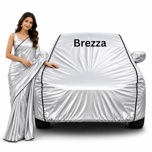 Image of 100% Waterproof Car Cover for Brezza All Weather Protection with Mirror Pocket Inner Cotton Layer Triple Stitched Cover with Adjustable Belt Bottom Elastic to Secure Fit-Silver