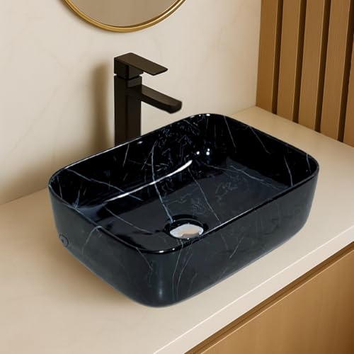 Image of Artiva Ceramic Wash Basin /Tabletop Washbasin For Bathroom,12 inchx16 inch /Small Countetop Bathroom Basin /Table Top Basin For Home,Office,Hotel /Rectangle Glossy Sink (Lina Black,12x16 Inch)