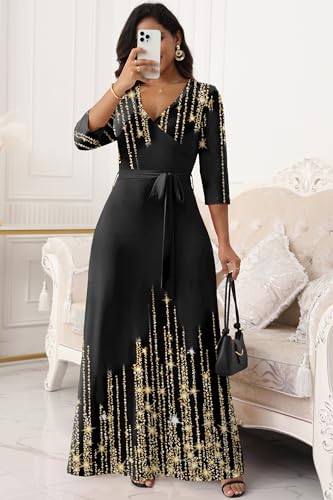 Image of FANDEE Plus Size Maxi Dress for Women Casual Summer Sundress V-Neck 3 /4 Sleeve