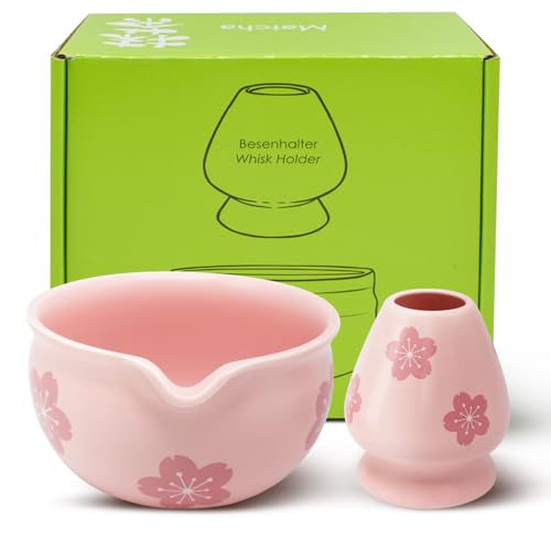 Yiomxhi Set de Matcha, 2 Piezas Juego de Té con Cuenco Matcha de Cerámica y Soporte para Batidor, Accesorio de Ceremonia de Matcha Japonés, Rosa