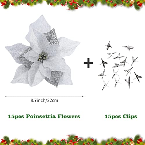 15 Pieces Christmas Glitter Poinsettia with Clips Christmas Poinsettia Decorations Artificial Poinsettia Flowers Ornament Christmas Flowers for New Year Wedding Home Decoration 8.7inch/22cm Silver