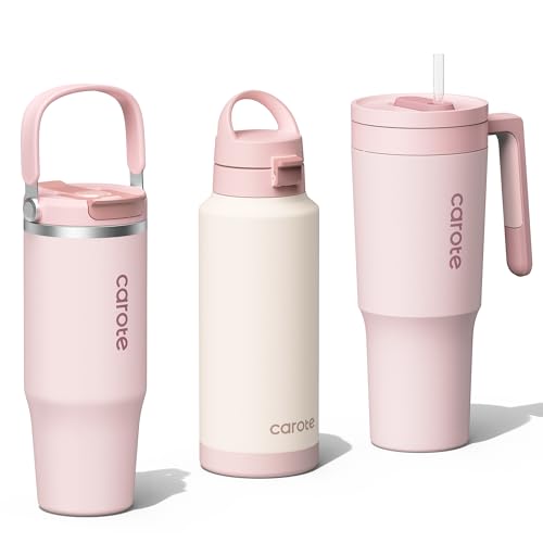 Image of CAROTE 3-Pack Insulated Stainless Steel Water Bottles, Cup Holder Compatible for Travel, Upgraded Leak Proof, 32/32/40 oz Built-In Straw Tumblers Set for Daily Use/Outdoor (Peach)